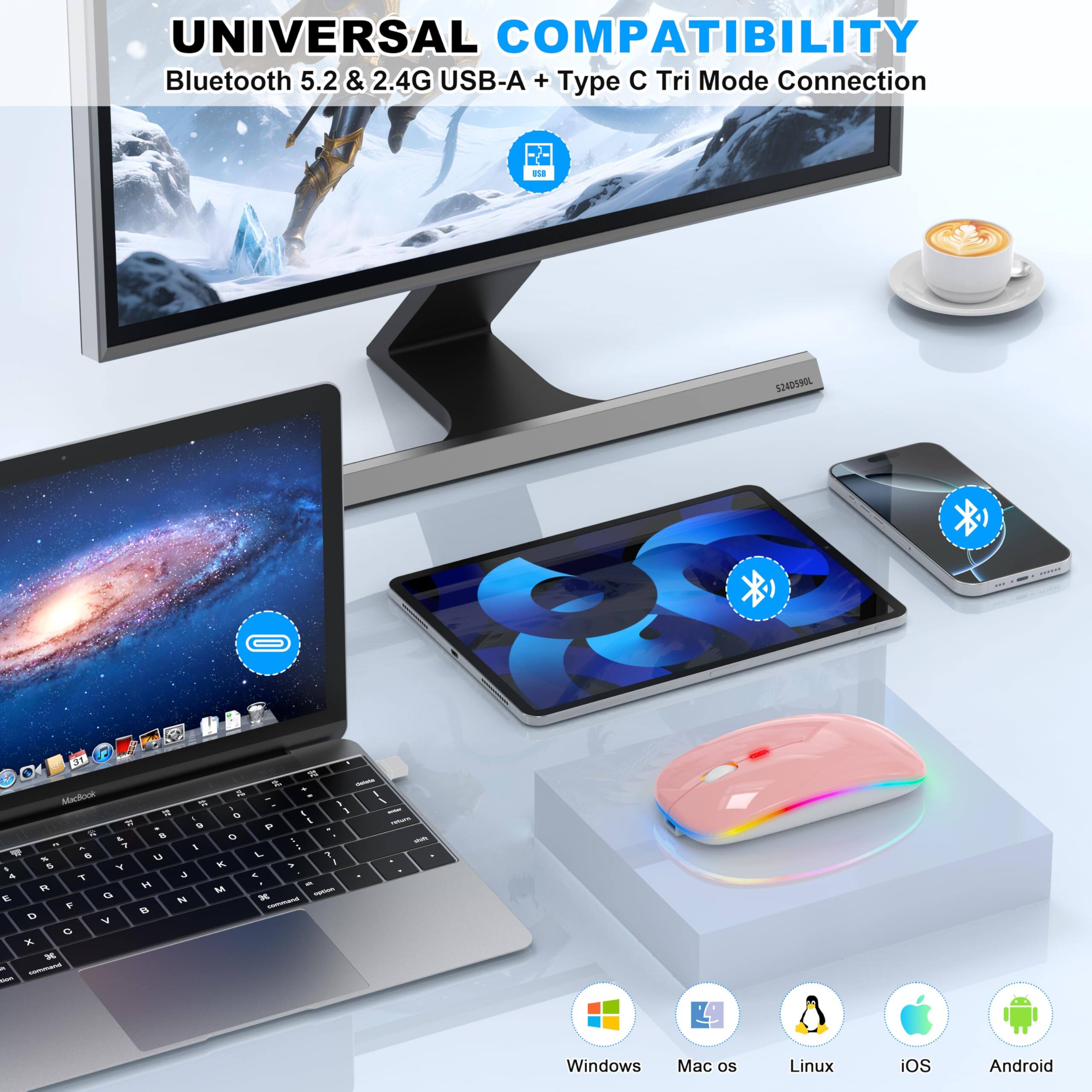 UNIVERSAL COMPATIBILITY  
Bluetooth 5.2 & 2.4G USB-A + Type C Tri Mode Connection  

Windows  
Mac os  
Linux  
iOS  
Android