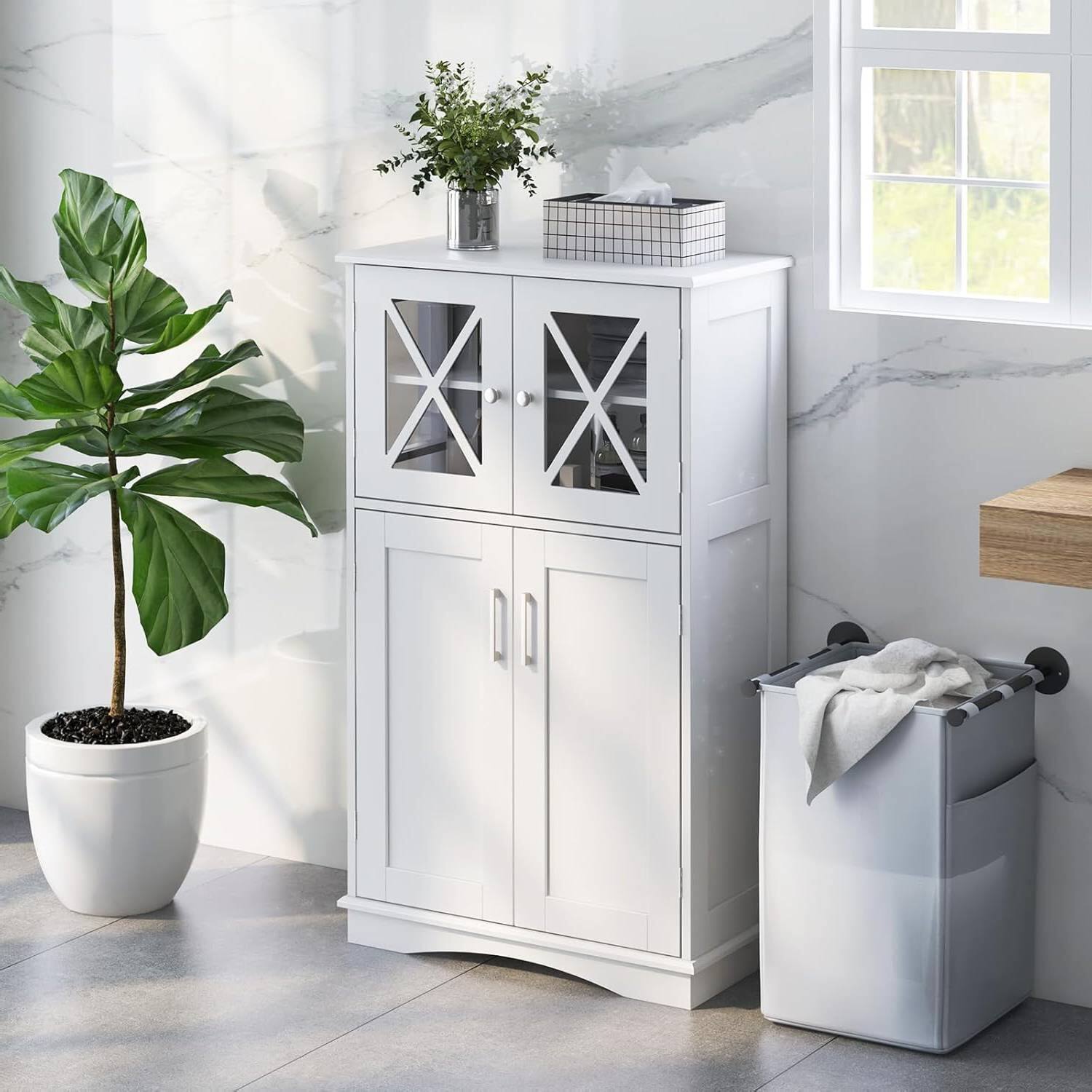 Angle. Hivvago - White Bathroom Towel Linen Cabinet with Glass Doors and Storage Shelves - White.