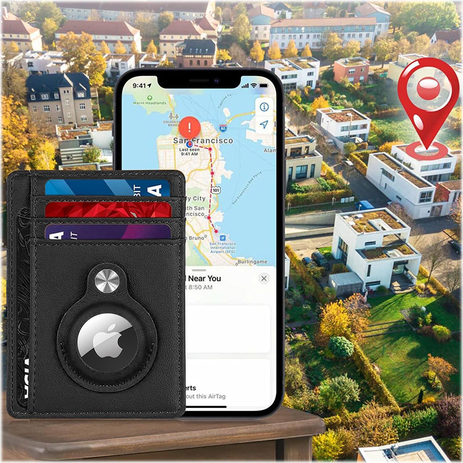 Alt View 12. SaharaCase - Slim Genuine Leather Wallet Case for Apple AirTag - Black.