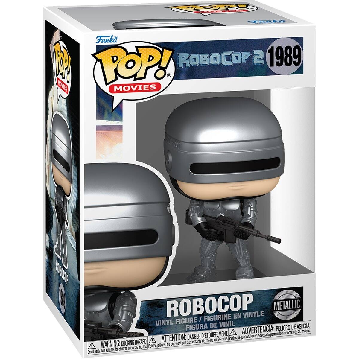 Funko POP! Movies  
Robocop 2 1989  
Robocop Vinyl Figure / Figurine en Vinyle / Figura de Vinil  
Metallic  

Warning: Choking Hazard - Small parts. Not suitable for children under 36 months.  
Advertencia: Peligro de asfixia. No es adecuado para menores de 36 meses.  
Attention: Danger de suffocation. Ne convient pas aux enfants de moins de 36 mois.