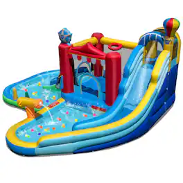 Gymax - Inflatable Water Park w/Splash Pool Water Cannon Basketball Rim Climbing Wall - Multicolor