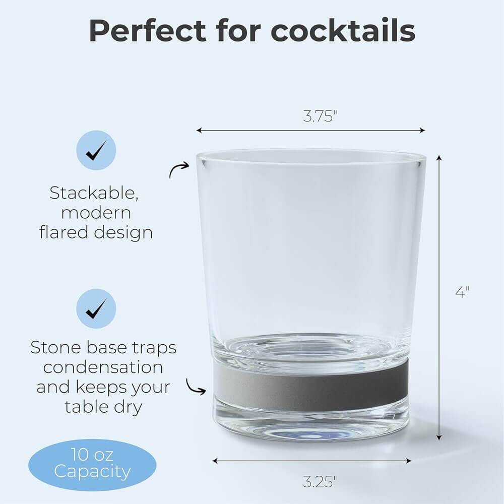 Perfect for cocktails

- Stackable, modern flared design
- Stone base traps condensation and keeps your table dry
- 10 oz Capacity

Dimensions:
- Height: 4"
- Top diameter: 3.75"
- Bottom diameter: 3.25"