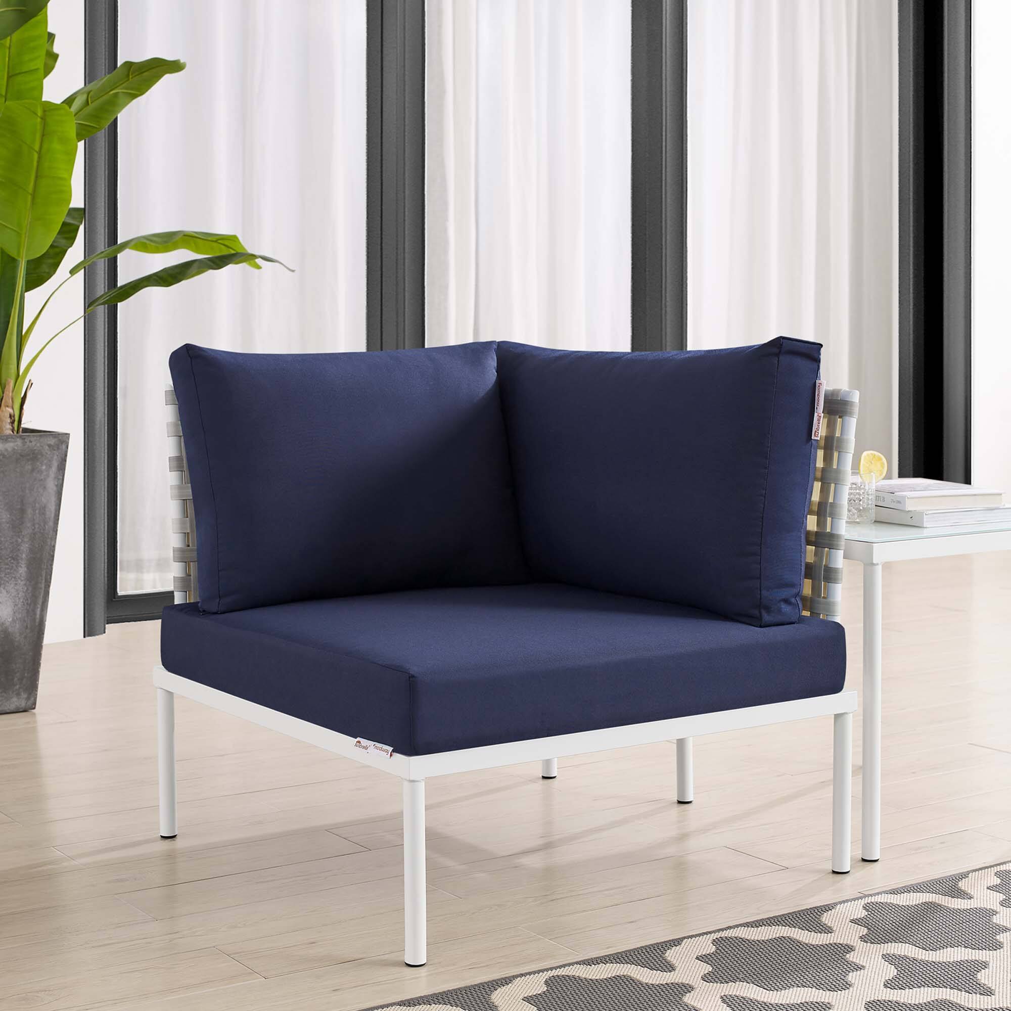 Harmony Sunbrella® Basket Weave Outdoor Patio Aluminum Corner Chair by Modway - Taupe Navy