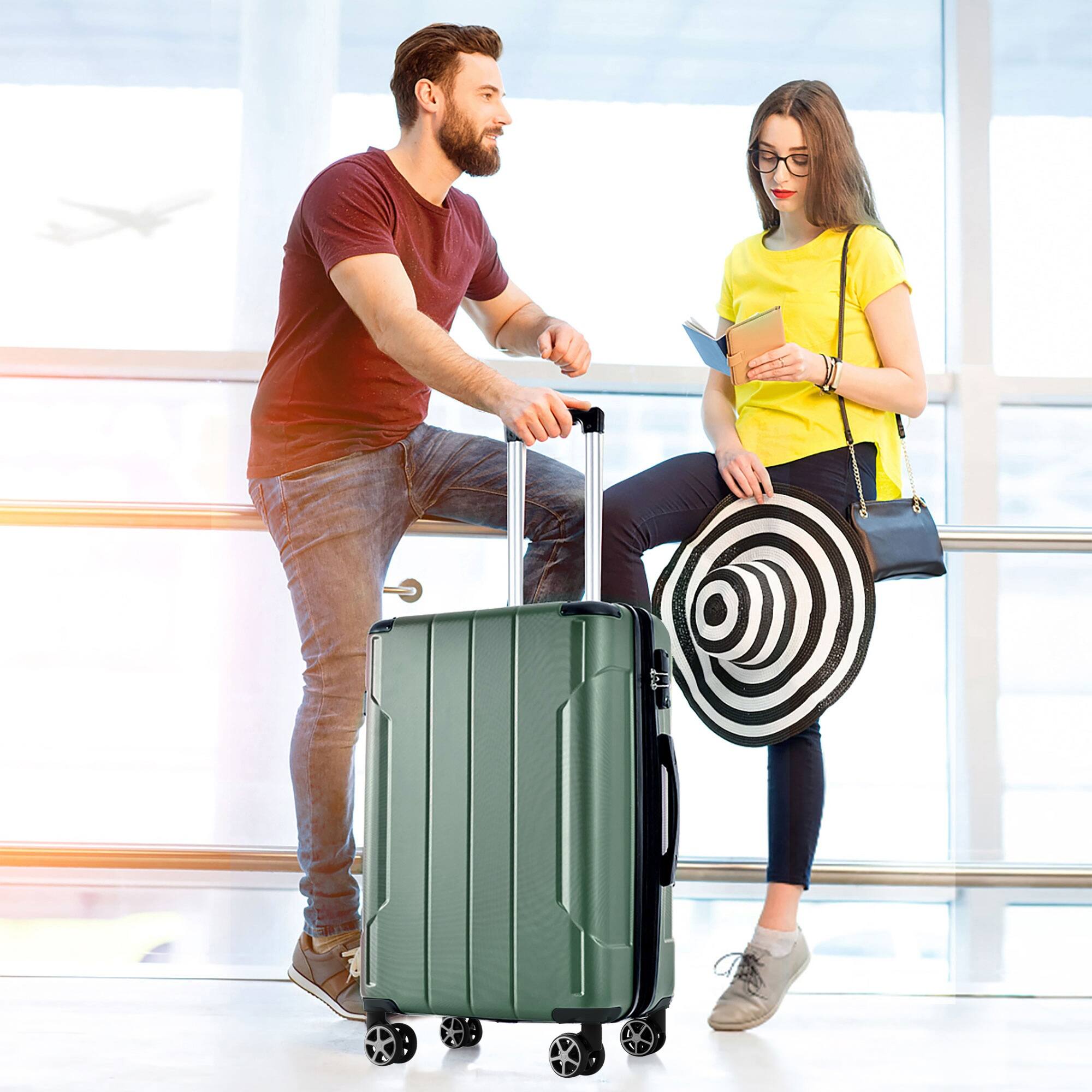 Alt View 1. Ecooso - Hardshell Luggage Lightweight ABS Suitcase with Double Wheels Expandable 24-Inch Checked - Green.
