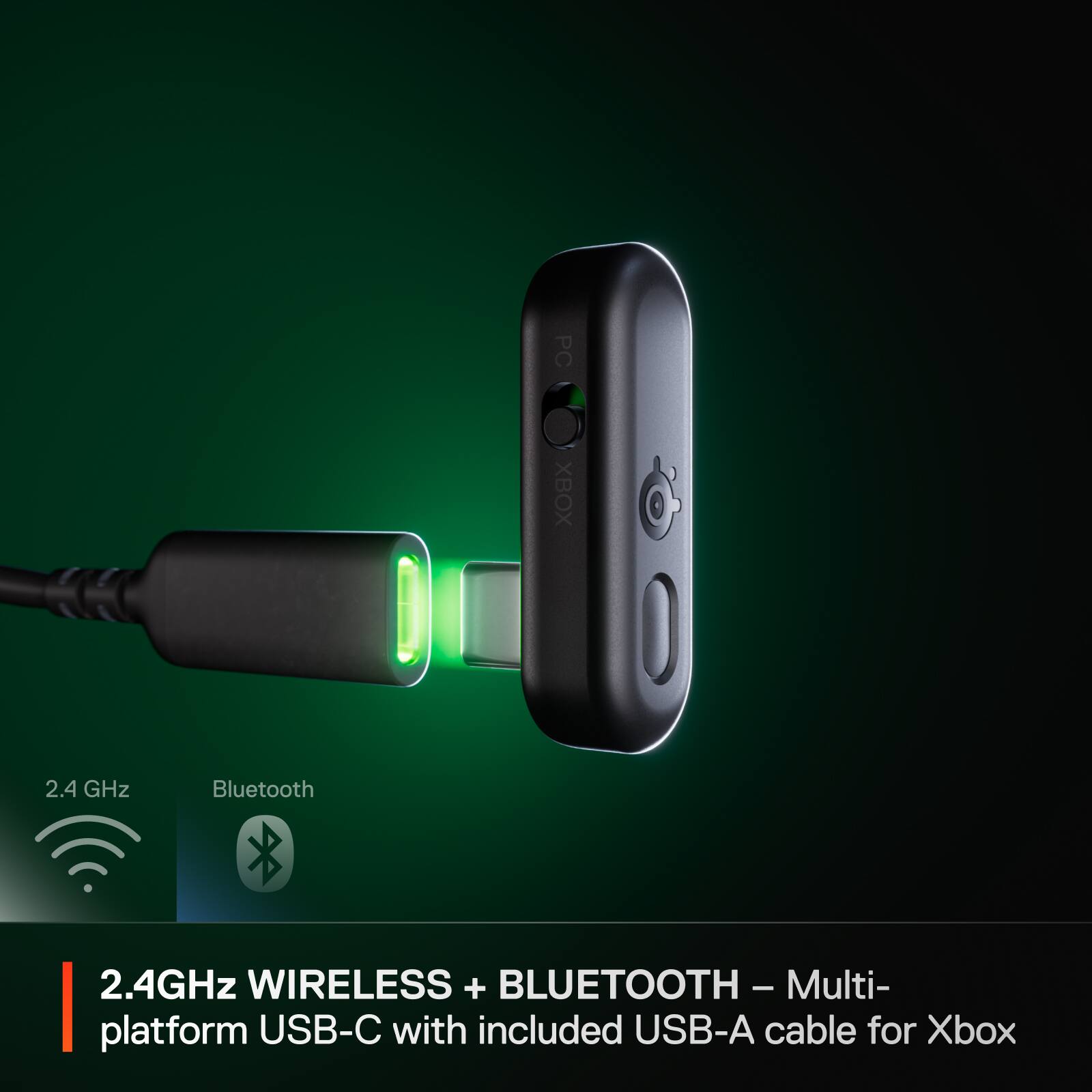 The text on the image reads: "PC XBOX O 2.4 GHz Bluetooth 2.4GHz WIRELESS + BLUETOOTH - Multi- platform USB-C with included USB-A cable for Xbox."