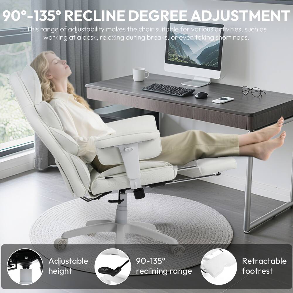 90°-135° RECLINE DEGREE ADJUSTMENT

This range of adjustability makes the chair suitable for various activities, such as working at a desk, relaxing during breaks, or even taking short naps.

- Adjustable height
- 90°-135° reclining range
- Retractable footrest