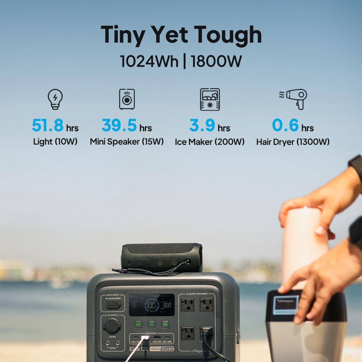 Tiny Yet Tough  
1024Wh | 1800W  

- Light (10W): 51.8 hrs  
- Mini Speaker (15W): 39.5 hrs  
- Ice Maker (200W): 3.9 hrs  
- Hair Dryer (1300W): 0.6 hrs  

DC AC  
M - EU  
Elce100  
100 1800W