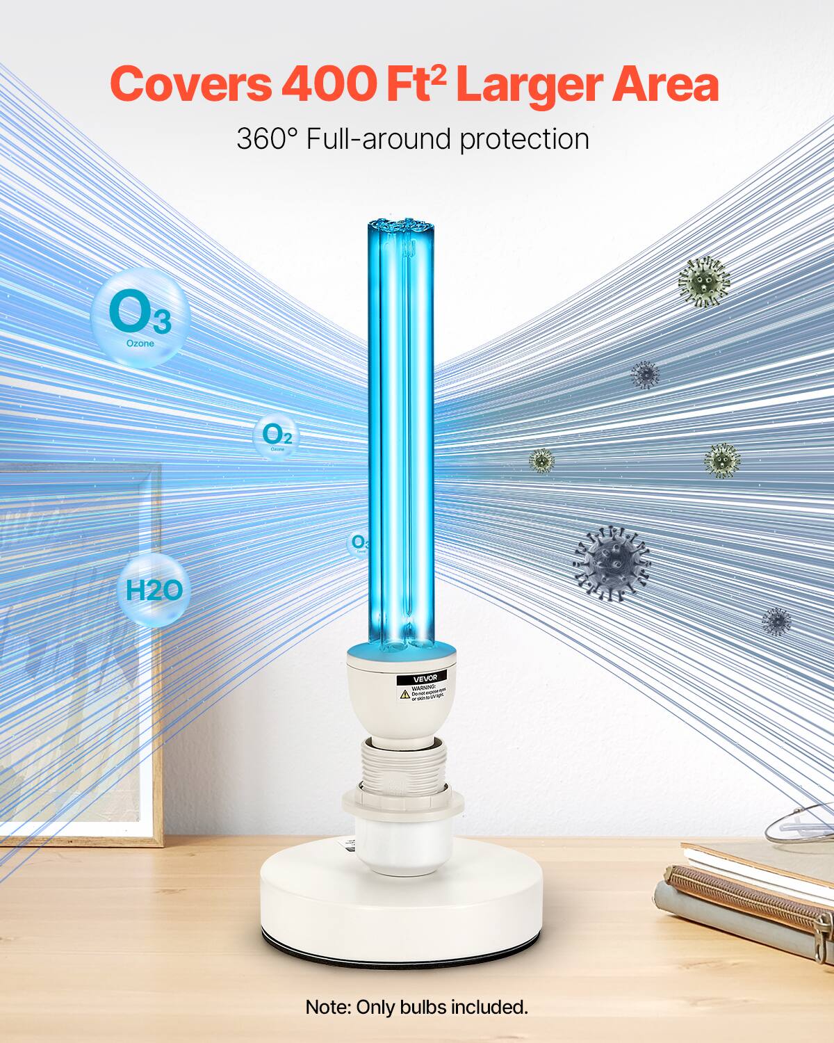 Covers 400 Ft² Larger Area  
360° Full-around protection  
Ozone (O3) - O2 - H2O  
VEVOR - 1  
Note: Only bulbs included.