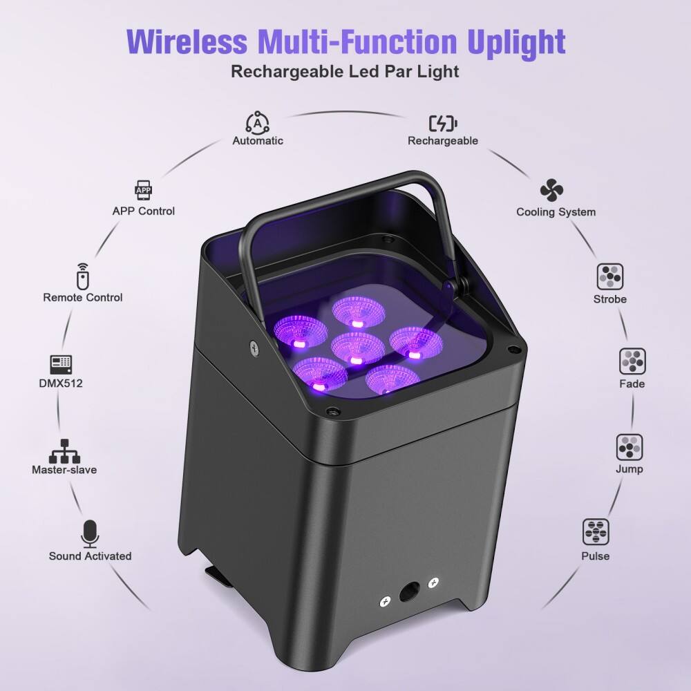 Wireless Multi-Function Uplight  
Rechargeable Led Par Light  

- Automatic  
- APP Control  
- Remote Control  
- DMX512  
- Master-slave  
- Sound Activated  
- Rechargeable  
- Cooling System  
- Strobe  
- Fade  
- Jump  
- Pulse