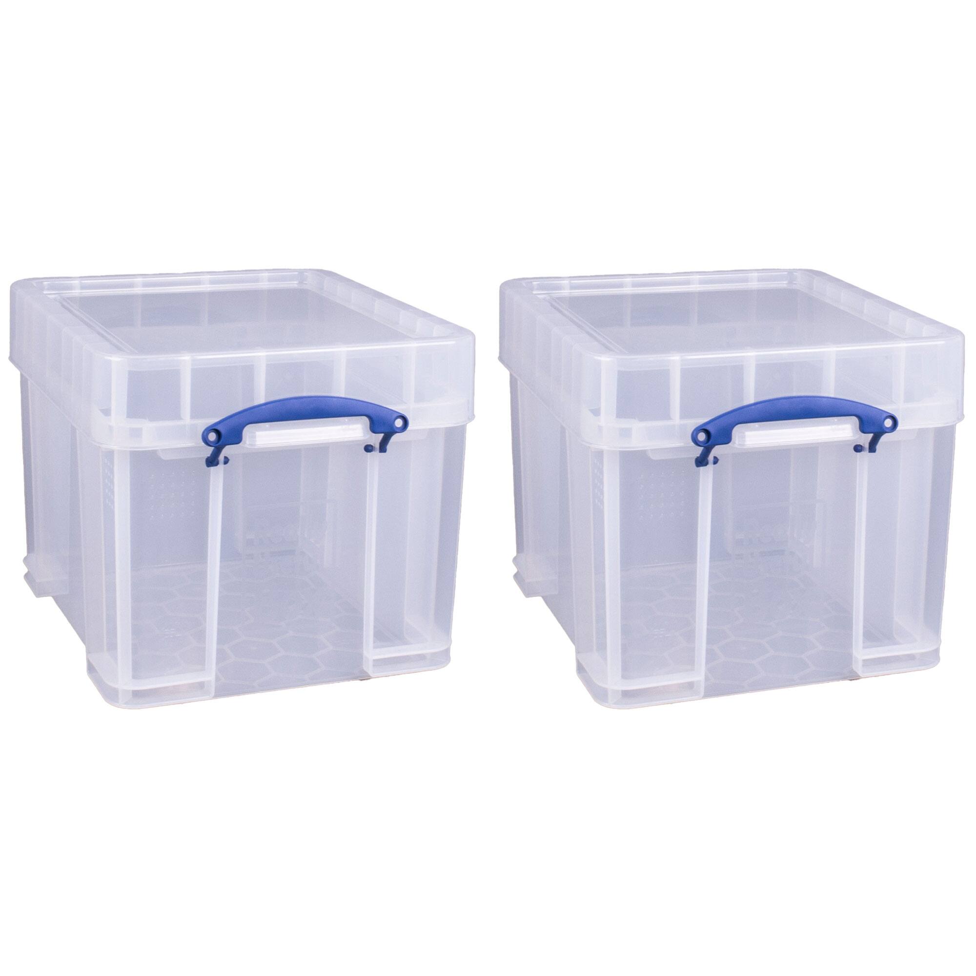 Front. Really Useful Box - Really Useful Box 35L Storage Container with Snap Lid & Clip Lock Handle, 2 Pack - Clear.