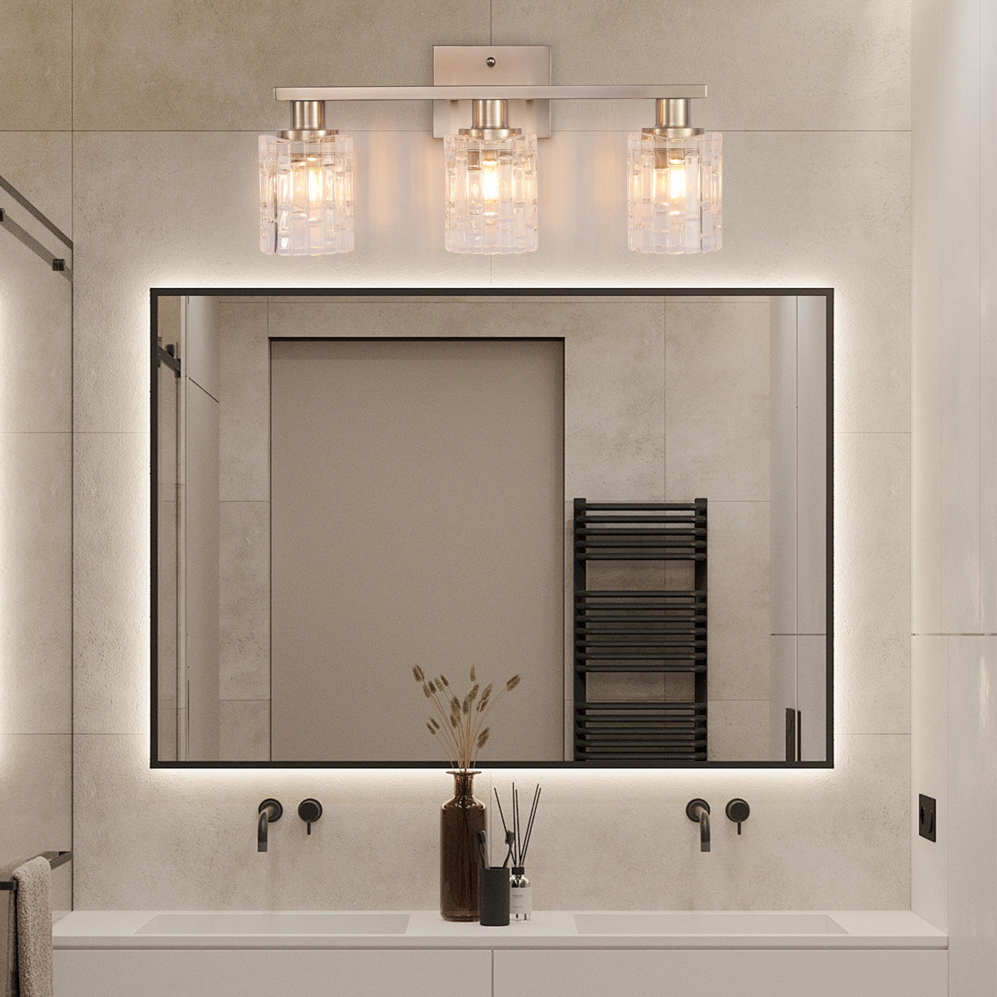 Left. Comfort Essence - Light Brushed Nickel Bathroom Vanity Over Mirror Modern Lighting With Crystal Glass Shade Wall Mount Fixtur - Silver Chrome 3-Light.