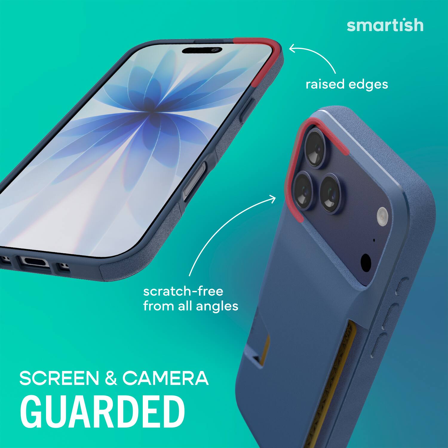 smartish  
raised edges  
scratch-free from all angles  
SCREEN & CAMERA GUARDED