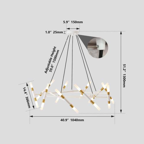 5.9" 150mm  
1.0" 25mm  
14.4" 366mm  
40.9" 1040mm  
51.2" 1300mm  
Adjustable Height 1500mm
