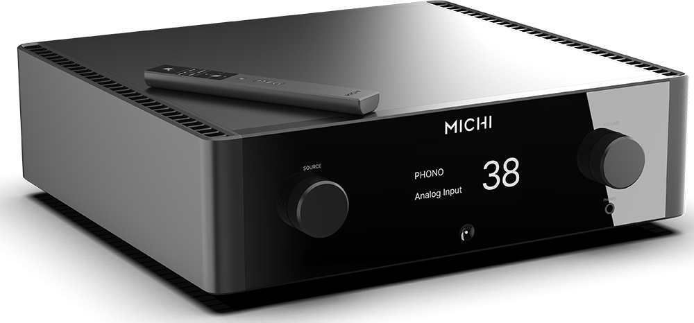 The text on the image reads: "Source Michi Phono Input 38 Analog Volume."
