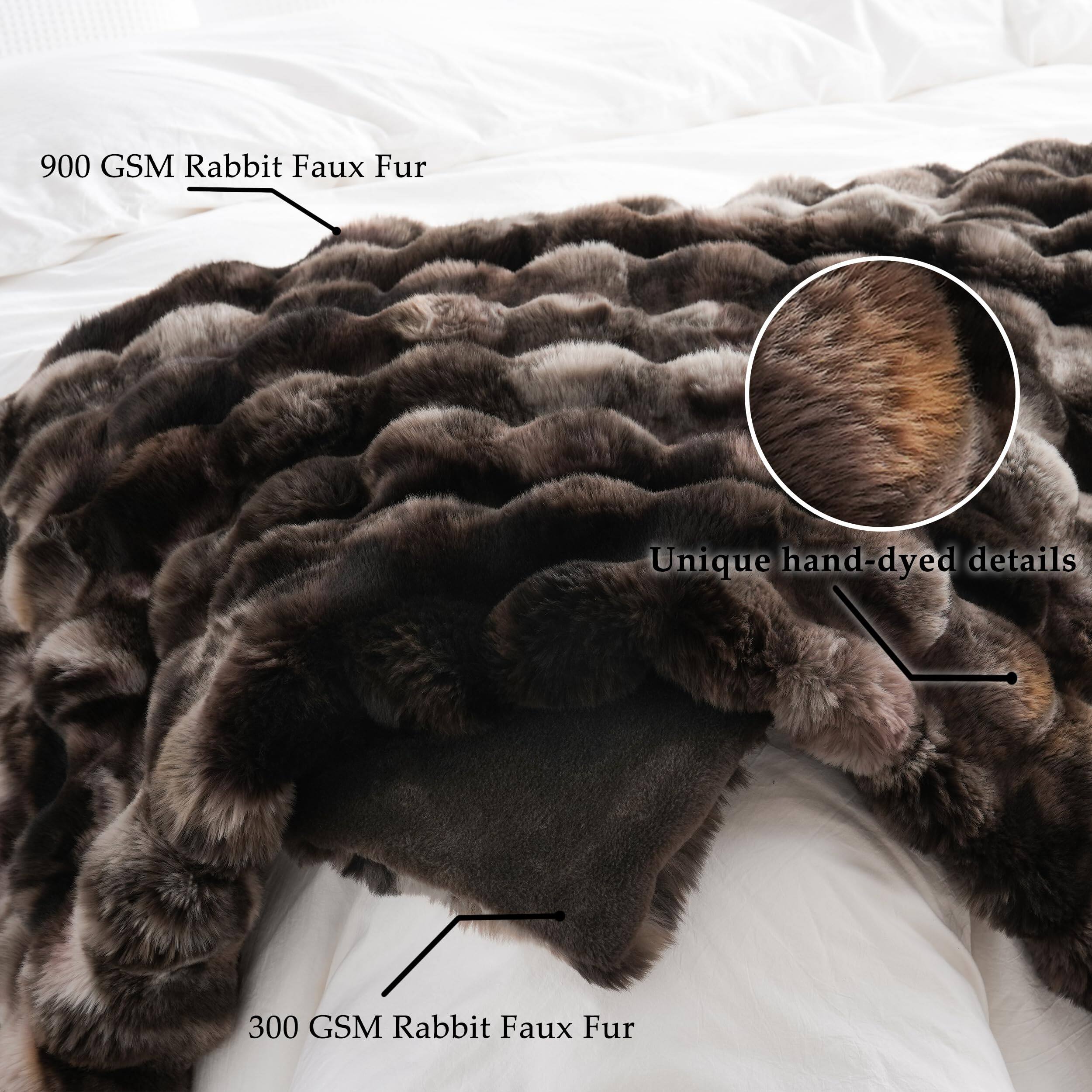 900 GSM Rabbit Faux Fur  
Unique hand-dyed details  
300 GSM Rabbit Faux Fur
