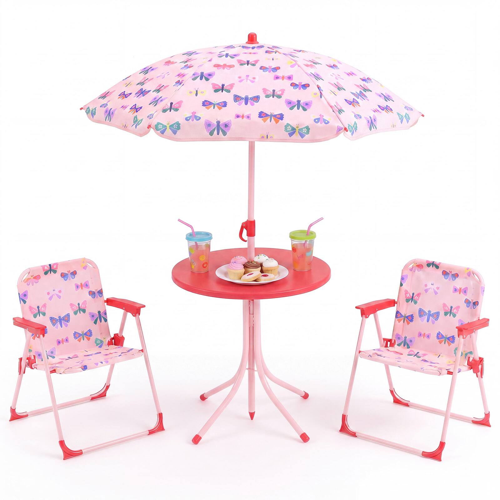 Alt View 9. Gymax - Gymax Kids Picnic Table Outdoor Table&Chair Set 2 Folding Chairs&Adjustable Umbrella Pink - Pink.