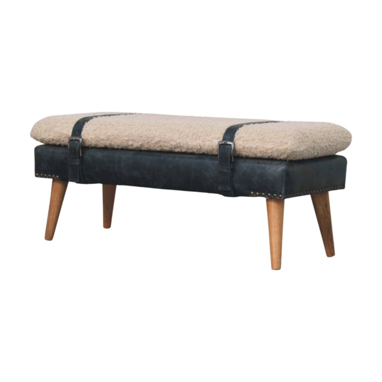 Angle. Artisan Furniture - Artisan Furniture Solid Wood Boucle x Black Leather Bench, Upholstered, Black and White - Black and White.