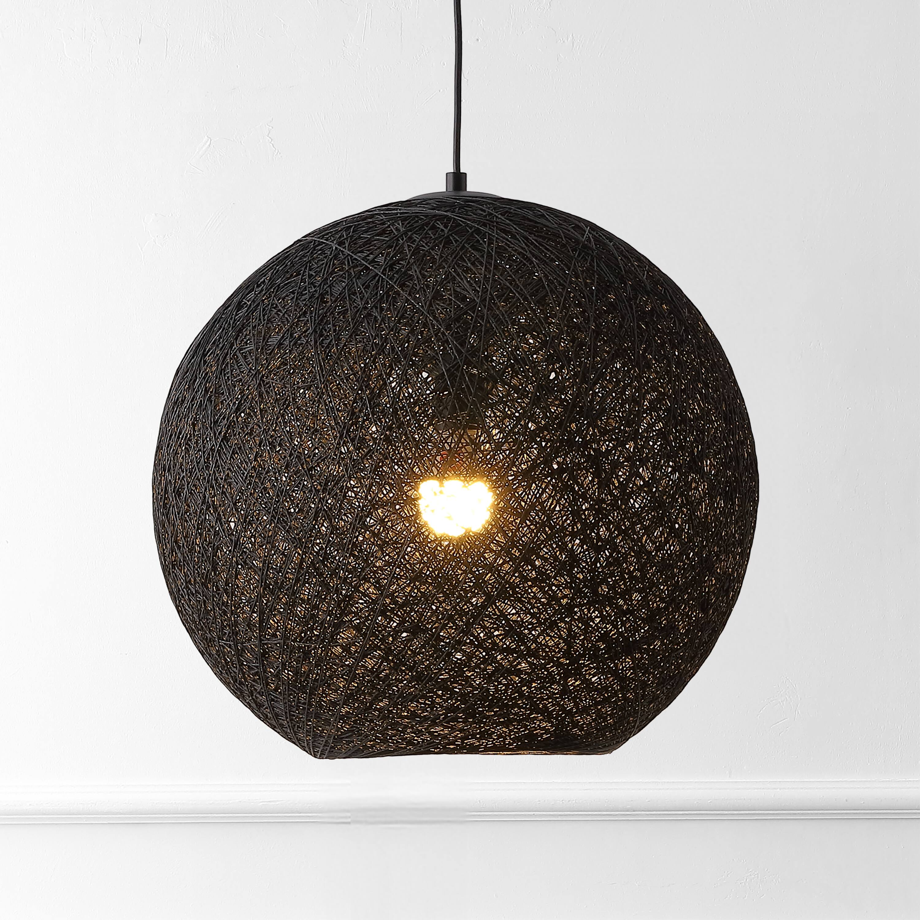 Alt View 1. Jonathan Y - Lacey 19.5" 1-Light Bohemian Minimalist Adjustable Rattan-Style Woven Rope Globe Basket LED Pendant, Black - Black.