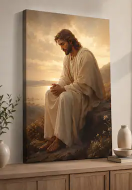FC Design - Large Jesus Prayer by the Lake Wall Art Canvas Print 24x36" Peaceful Faith Christian Painting for Home Decor - MultiColor