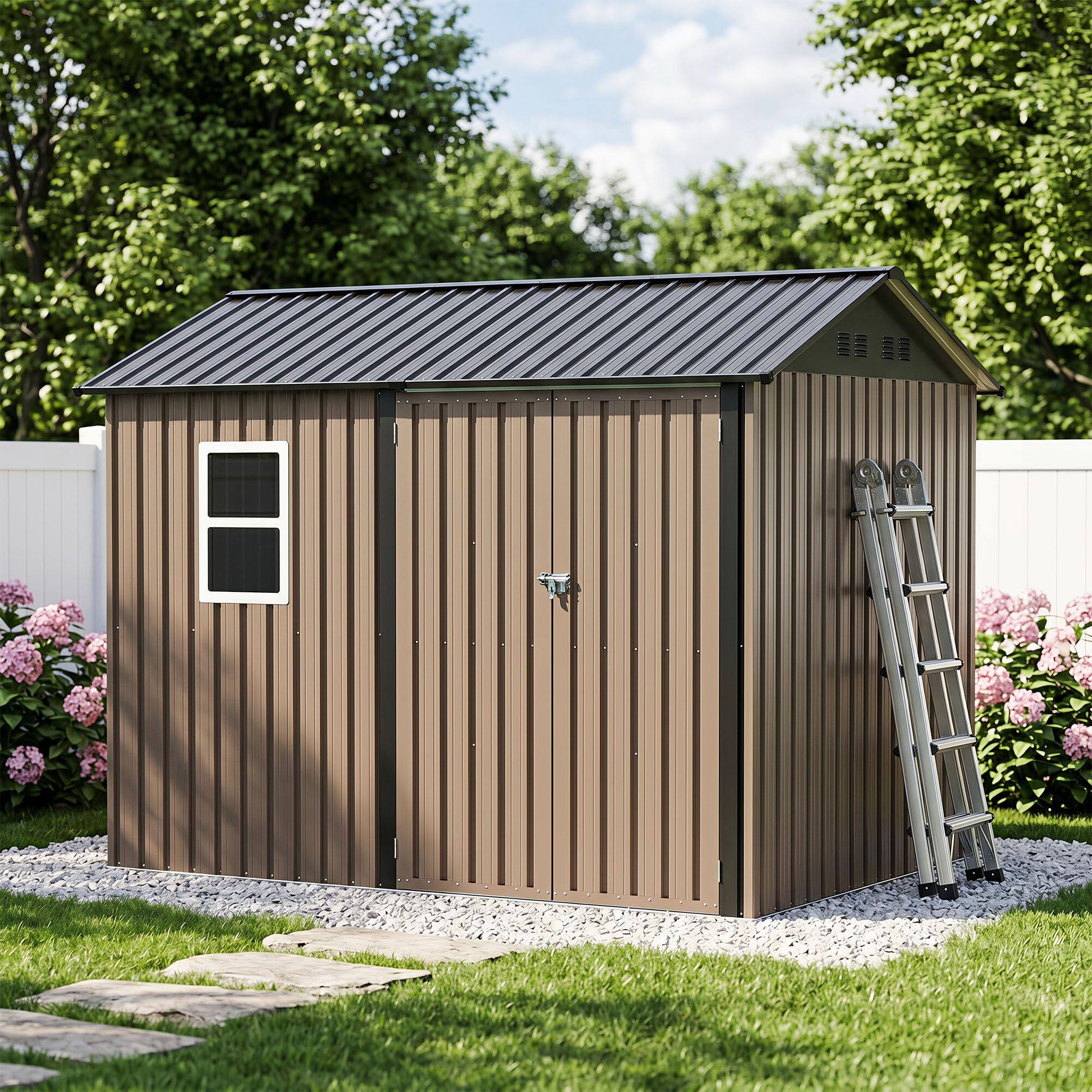 Alt View 1. LAUSAINT HOME - 8x5.7 FT Galvanized Steel Shed with Windows  Double Lockable Doors  Gable Roof and Vent for Backyard Patio - Brown.