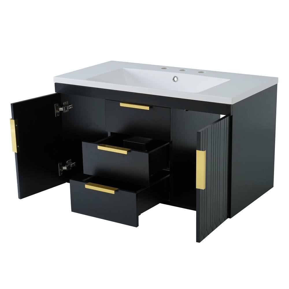 Alt View 8. Loheer - Loheer 36 inch Wall Mounted Bathroom Vanity Black Floating Bathroom Vanity with Resin Sink and 2 Drawers - Black.
