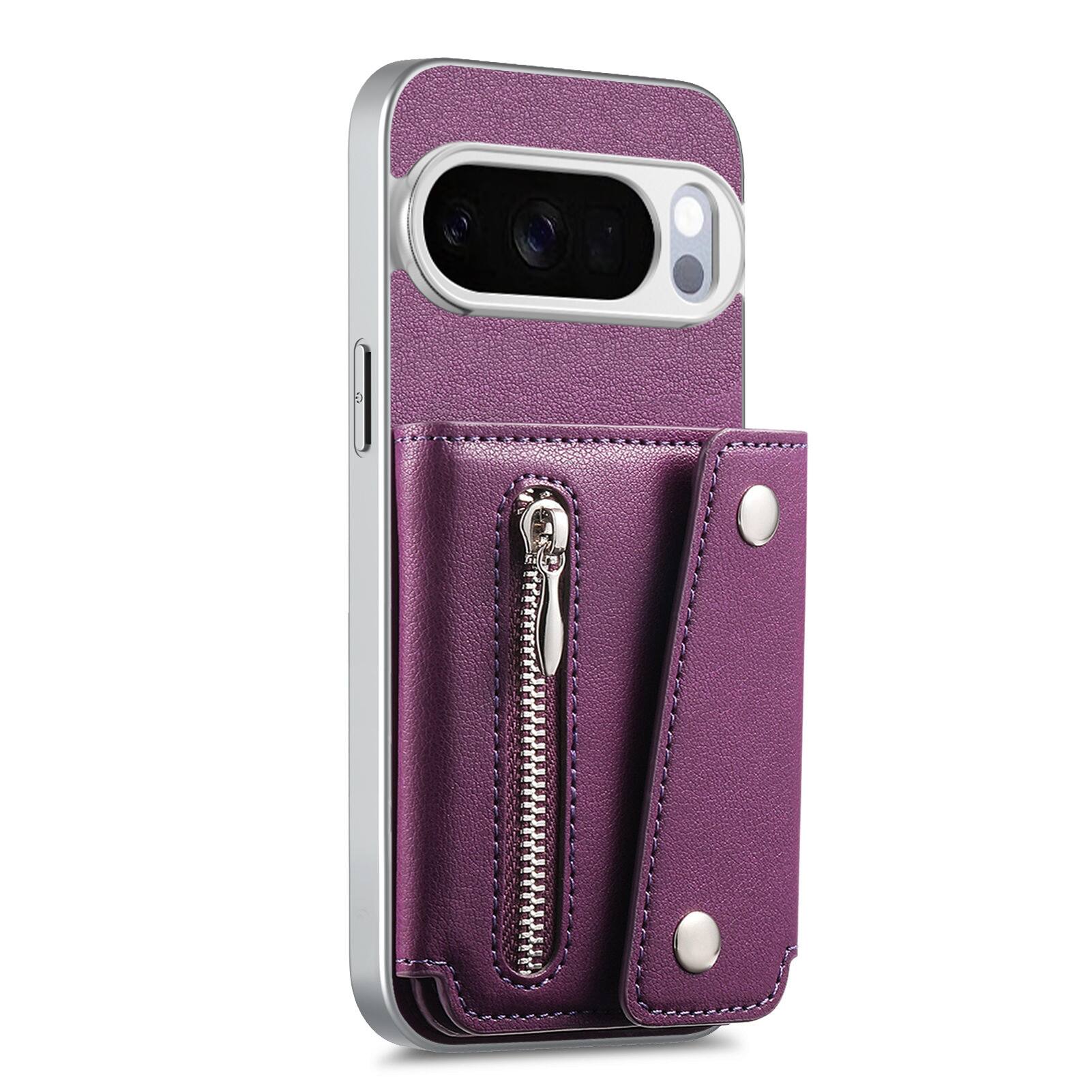 Angle. Dteck - PU Leather Wallet Case for Google Pixel 10 Pro XL, Shockproof Kickstand Phone Cover with Card Slots and Zipper Pocket - Purple.