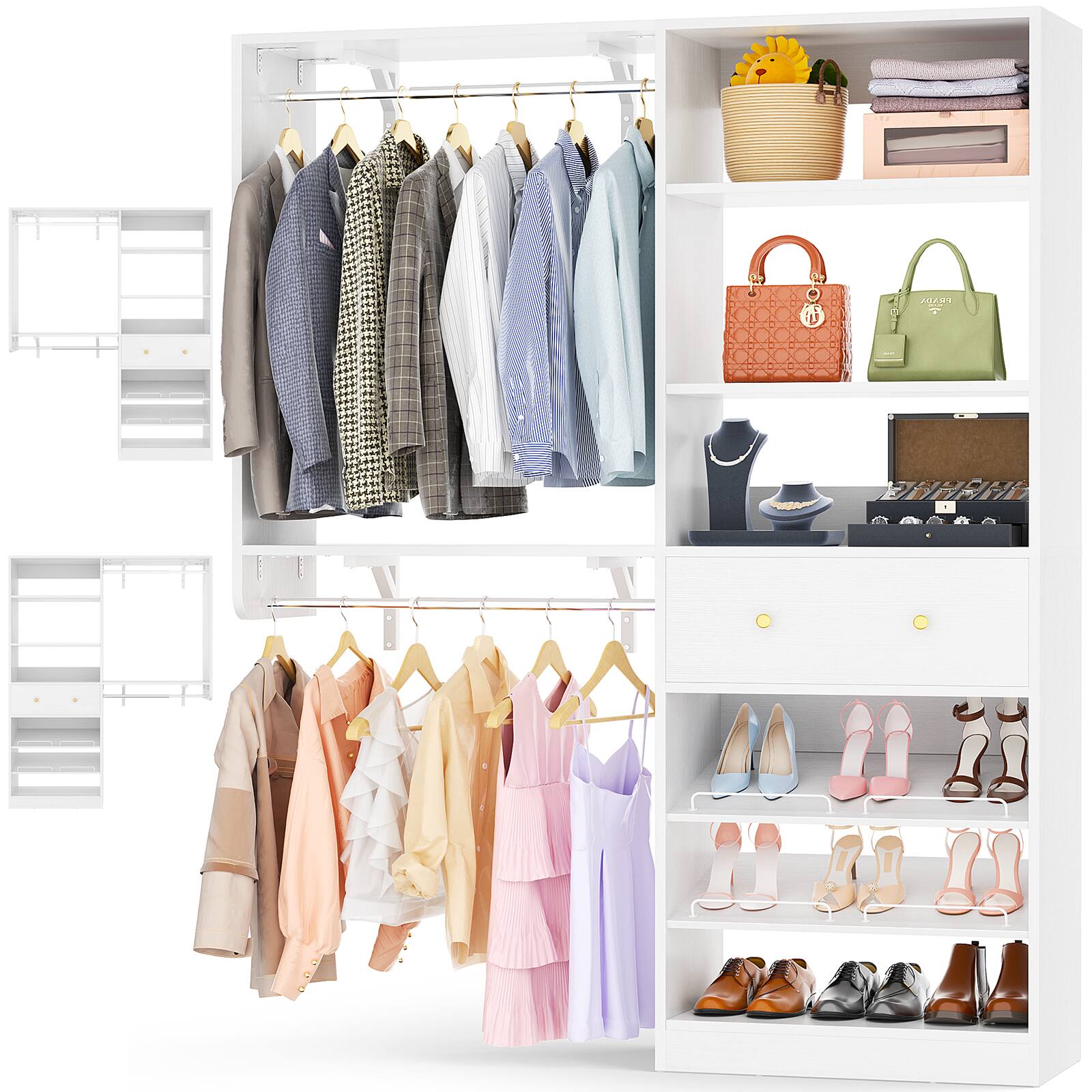 Alt View 3. Aheaplus - Reversible 5FT Wood Closet Organizer System with Drawer, 2 Hanging Rods, and Adjustable Shelf, Wall Mounted - White.