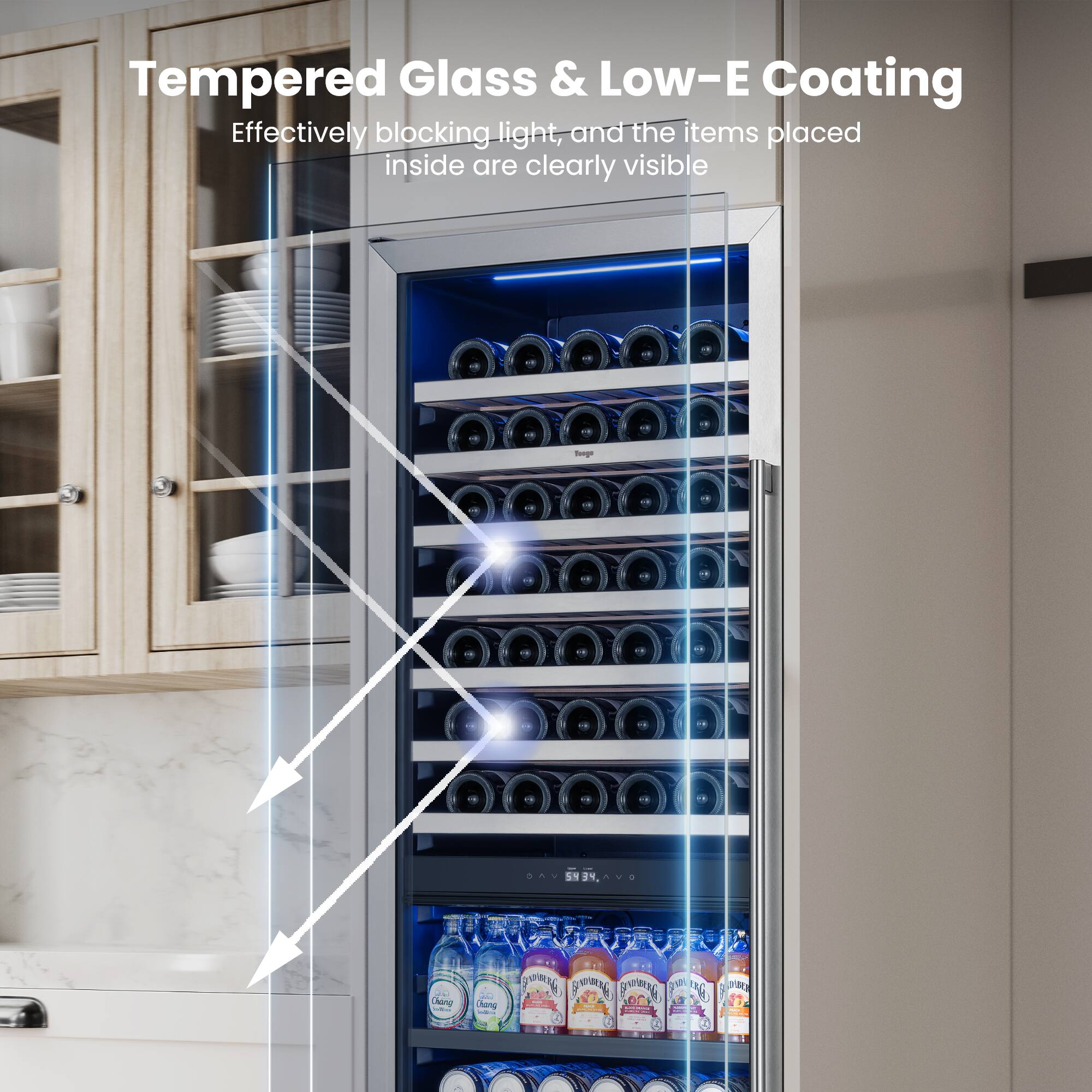 Tempered Glass & Low-E Coating  
Effectively blocking light, and the items placed inside are clearly visible