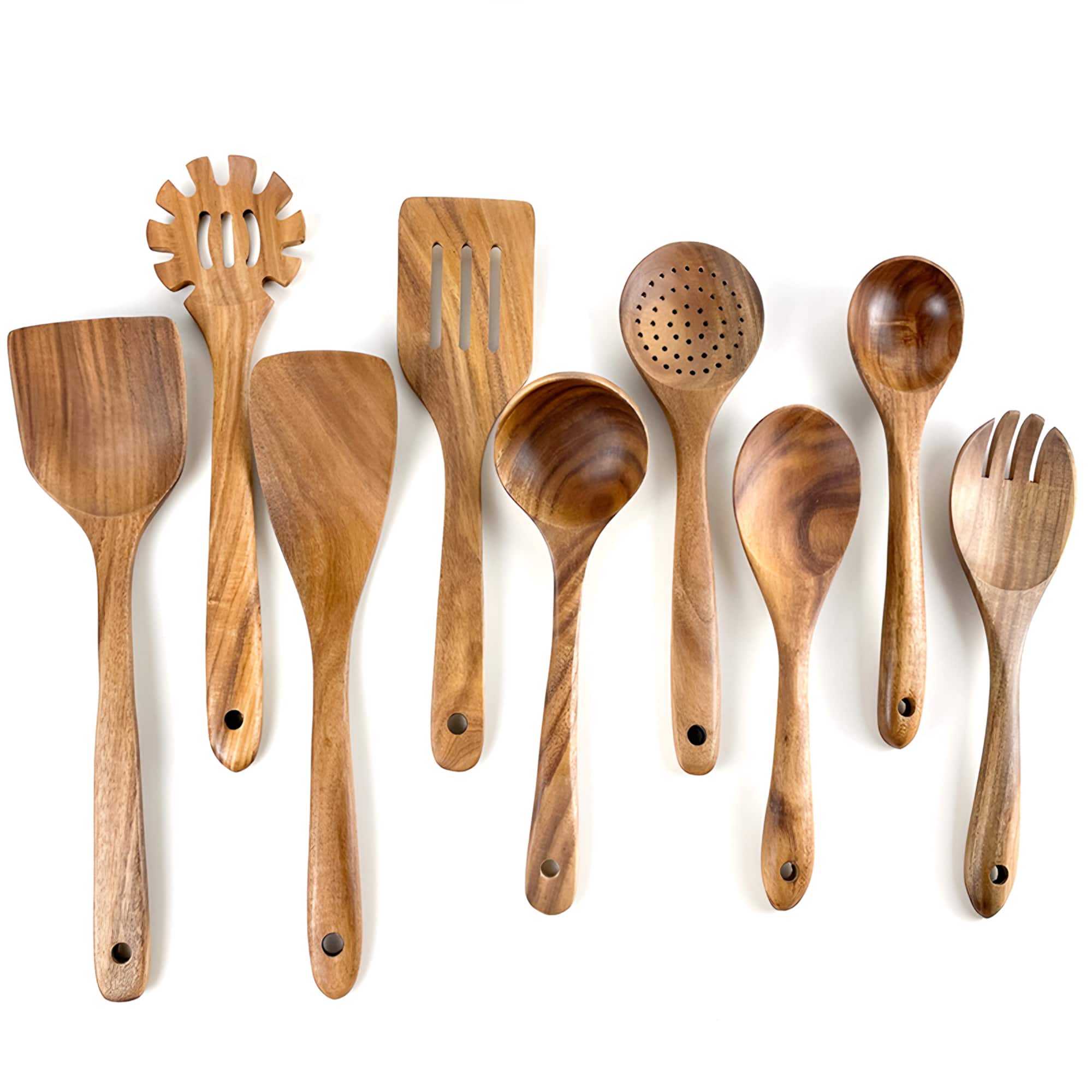 Front. Sugift - 9-Piece Natural Teak Wooden Kitchen Utensils Set - Brwon.