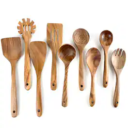 Sugift - 9-Piece Natural Teak Wooden Kitchen Utensils Set - Brwon