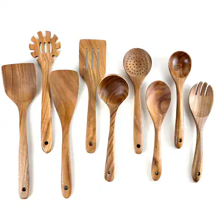 Front. Sugift - 9-Piece Natural Teak Wooden Kitchen Utensils Set - Brwon.