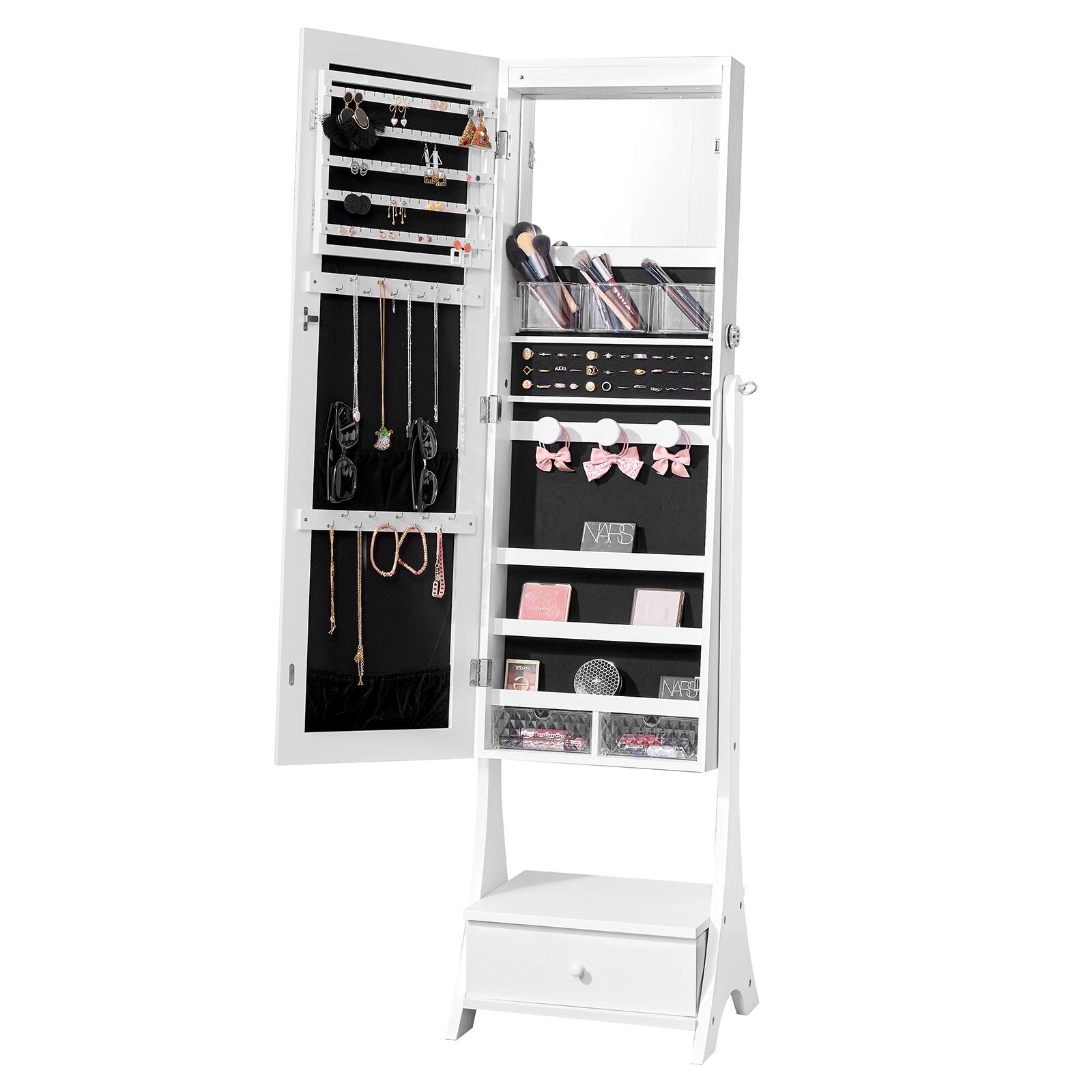 VEVOR - Mirror Jewelry Cabinet, Standing Mirror with Storage, Lockable Jewelry Mirror Organizer with Full Length Mirror - White