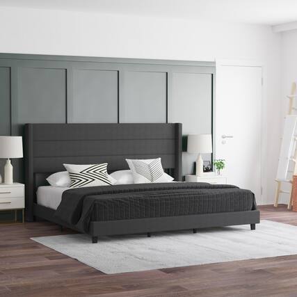 Front. Emma + Oliver - Upholstered Platform Bed with Wingback Headboard - Charcoal.
