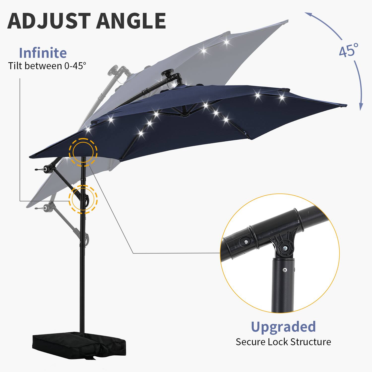 ADJUST ANGLE  
Infinite Tilt between 0-45°  

Upgraded Secure Lock Structure