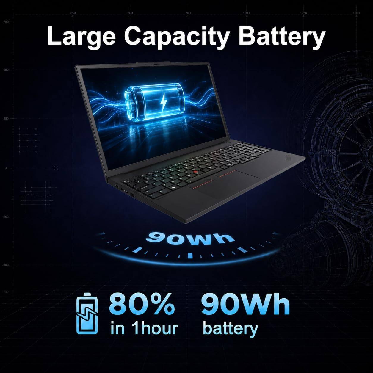 750  
250 500 750 1000 1250 1500  
Large Capacity Battery  
500  
250  
0  
74 " D P  
- 14 R  
2 >  
a.  
OR  
+  
250  
dwoe  
-500  
80% 90Wh in 1 hour battery