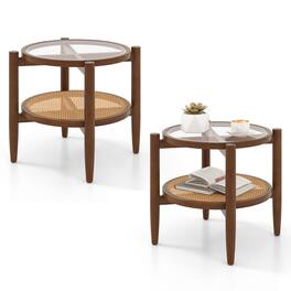 Gymax - 2 PCS 2-Tier Round Side End Table PE Rattan Nightstand Tempered Glass Tabletop - Brown