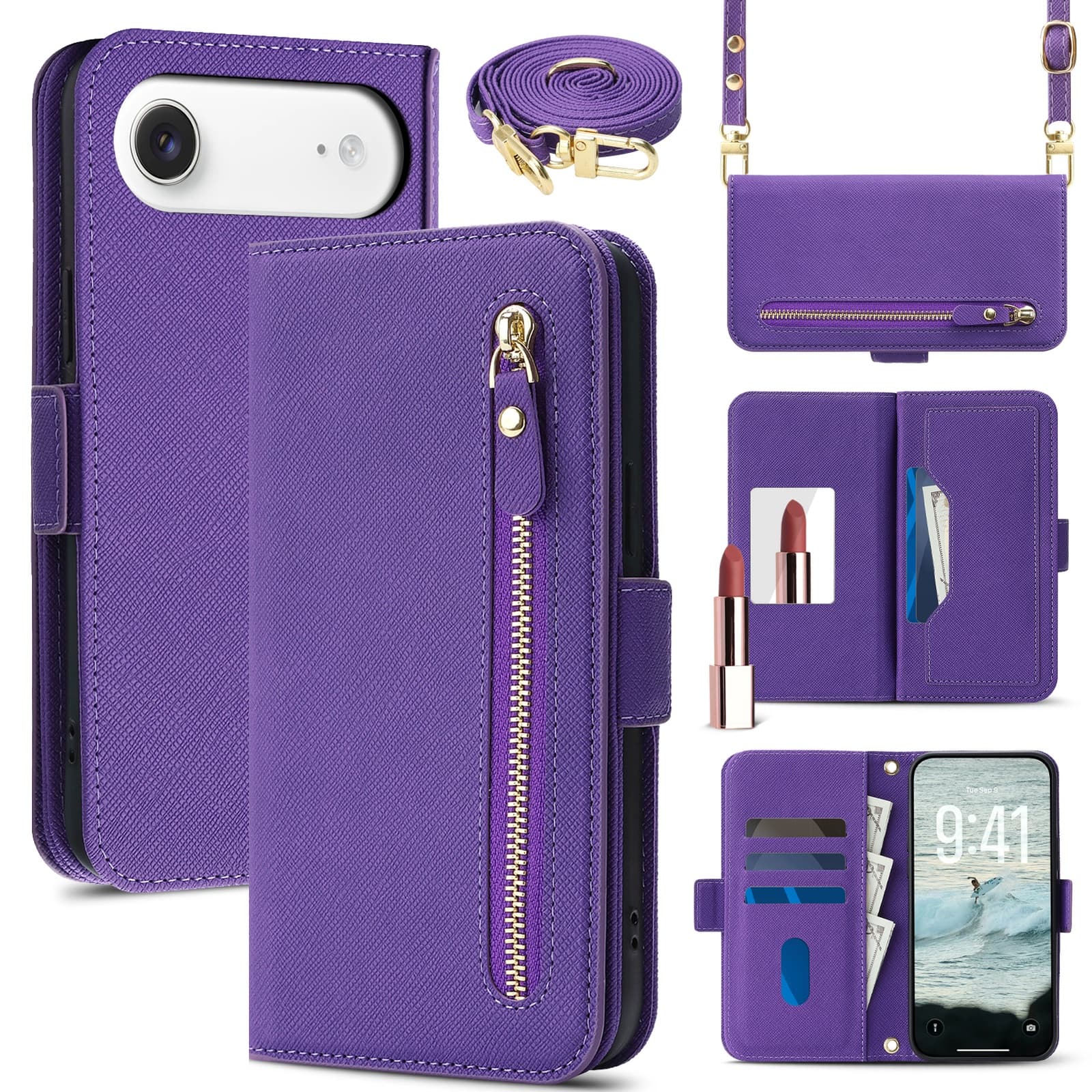 Dteck - For Apple iPhone Air Shockproof Leather Zipper Flip Wallet Case With Mirror and Crossbody Strap - Purple