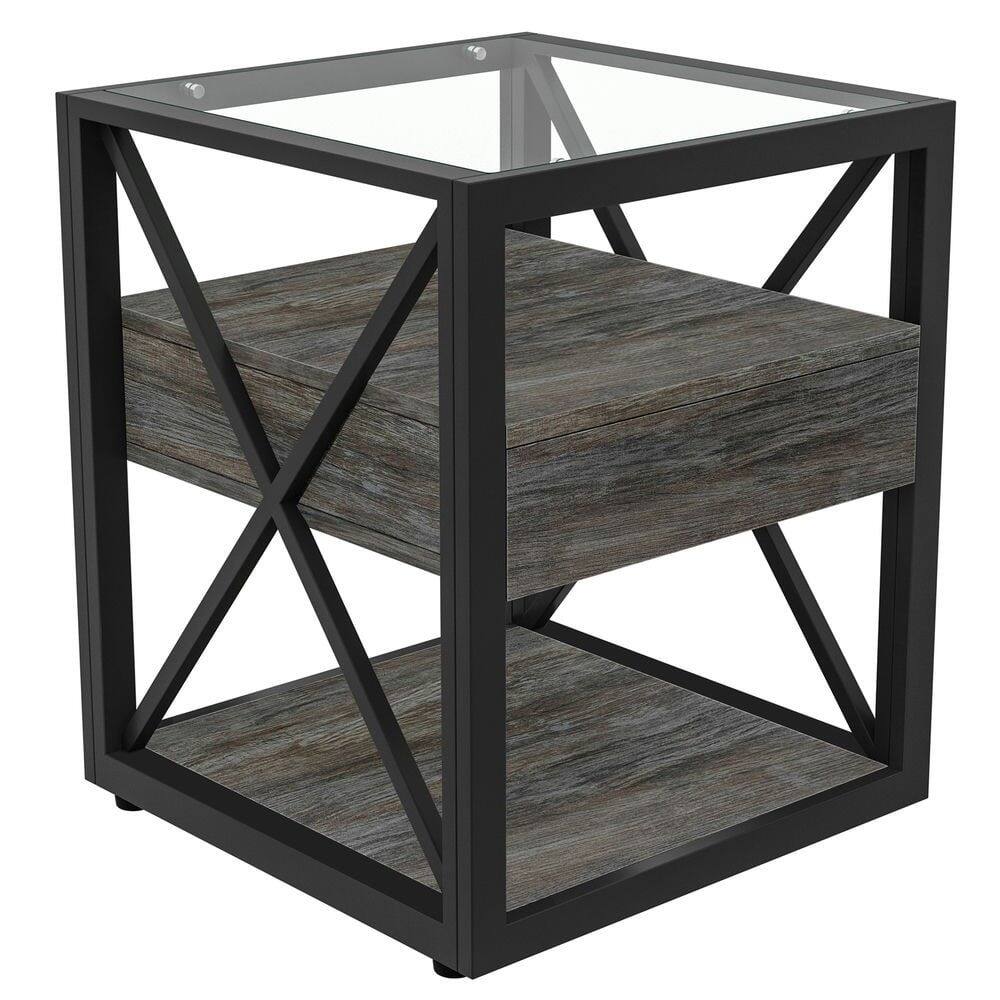 Alt View 4. Resenkos - Resenkos Industrial End Table With Drawer, Rustic MDF & Tempered Glass Top, Antique Wood Grain And Black - Gray.