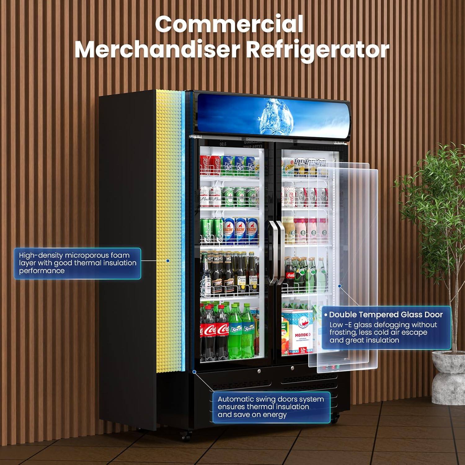 Commercial Merchandiser Refrigerator

- High-density microporous foam layer with good thermal insulation performance
- Double Tempered Glass Door
  - Low-E glass defogging without frosting, less cold air escape and great insulation
- Automatic swing doors system ensures thermal insulation and save on energy