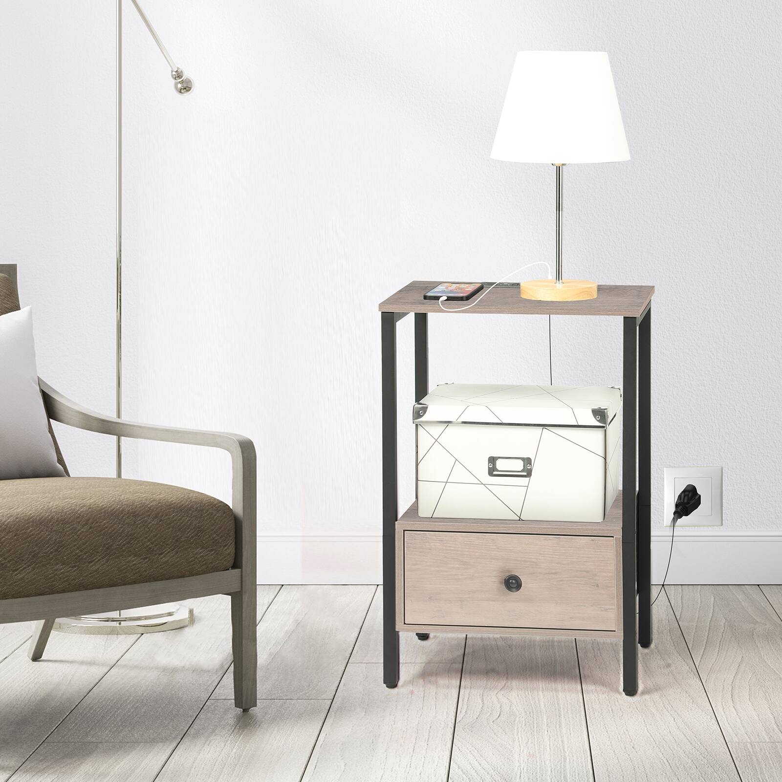 Back. Oumilen - End Table with Built-In Charging Station & Wood Drawer (Set of 2), Gray - Gray.