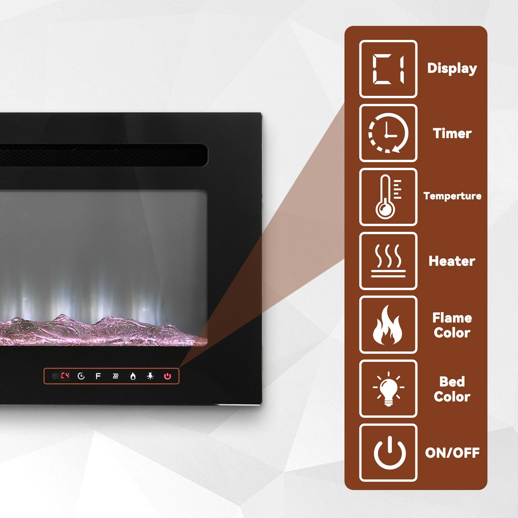 Display  
Timer  
Temperature  
Heater  
Flame Color  
Bed Color  
ON/OFF