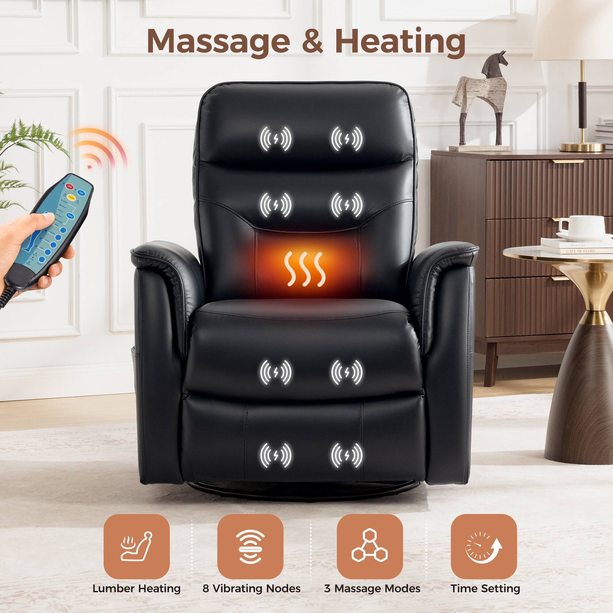 Massage & Heating

- Lumber Heating
- 8 Vibrating Nodes
- 3 Massage Modes
- Time Setting