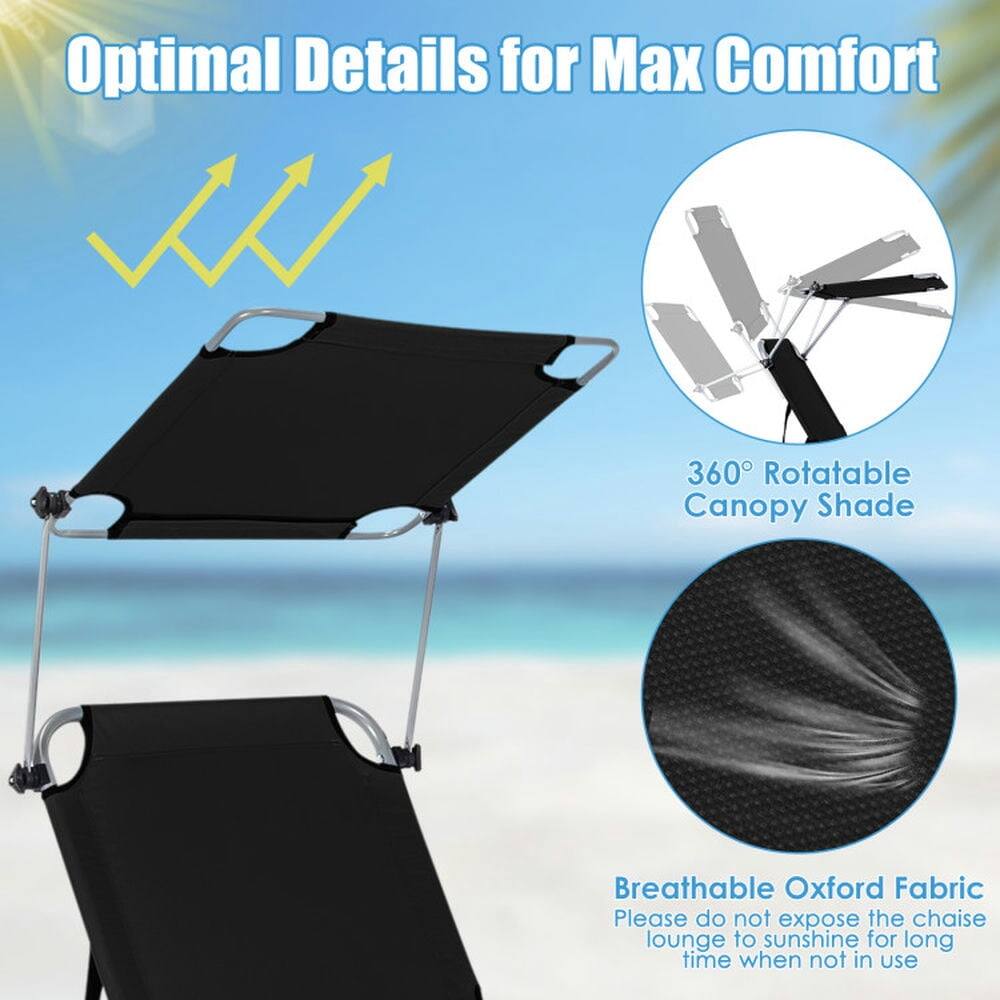 Optimal Details for Max Comfort

- 360° Rotatable Canopy Shade
- Breathable Oxford Fabric

Please do not expose the chaise lounge to sunshine for long time when not in use