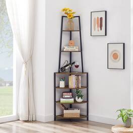 Vecelo - 6-Tier Tall Corner Shelf Unit, Rustic Industrial Bookshelf with Sturdy MDF and Metal Frame, Space-Saving Organizer - Brown