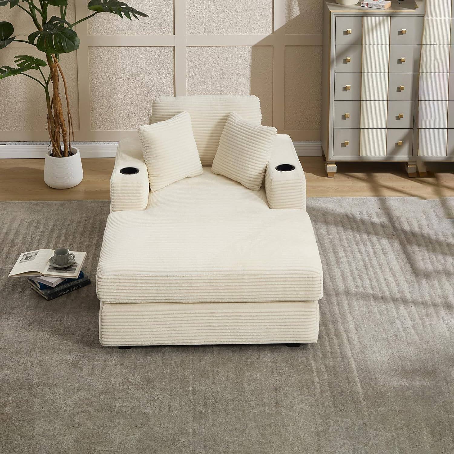 Alt View 4. Trinkets Crazed - Corduroy Chaise Lounge Chair Indoor, Comfy Fluffy Single Sleeper Sofa with Cup Holders and Pockets - beige.