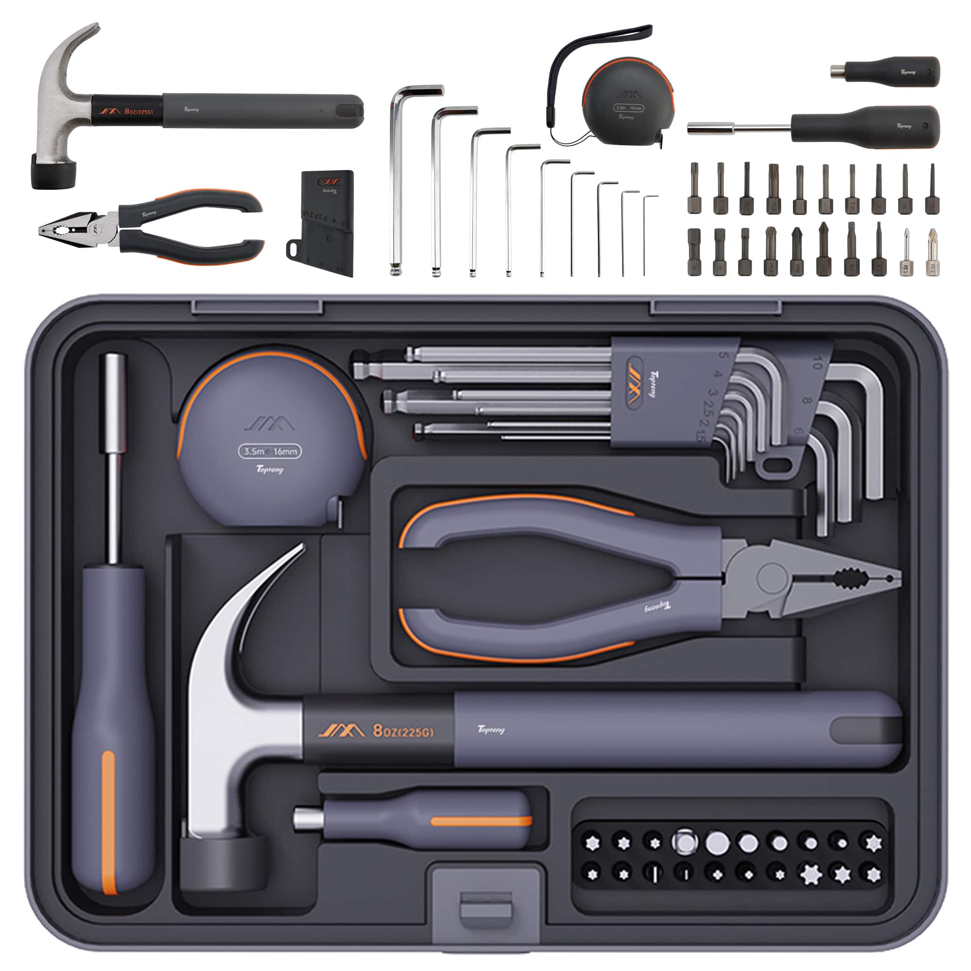 Topteng - 34-Piece Household & Auto Repair Tool Kit with 20 Bit Set, Tape Measure, Wrench, Pliers for DIY Maintenance​​