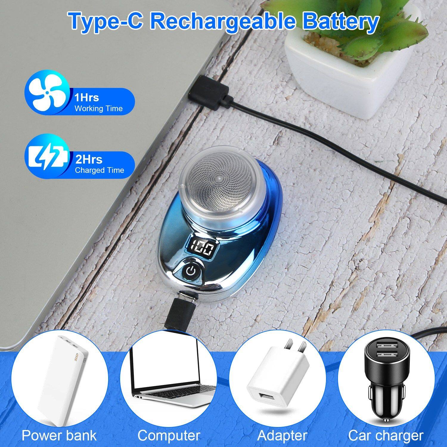 Type-C Rechargeable Battery

- 1Hrs Working Time
- 2Hrs Charged Time

Power bank
Computer
Adapter
Car charger