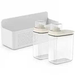 OU - Laundry Detergent Dispenser & Wall Rack Set, 2‑Pack 50 oz Clear Soap Dispensers w/ Measuring Cap & Hanging Storage Rack - White