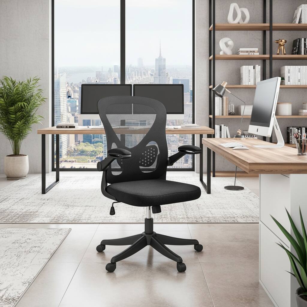 Alt View 5. Forest'nSky - Techni Mobili Black Mesh Office Chair with Lumbar Support & Flip-Up Arm - Black.