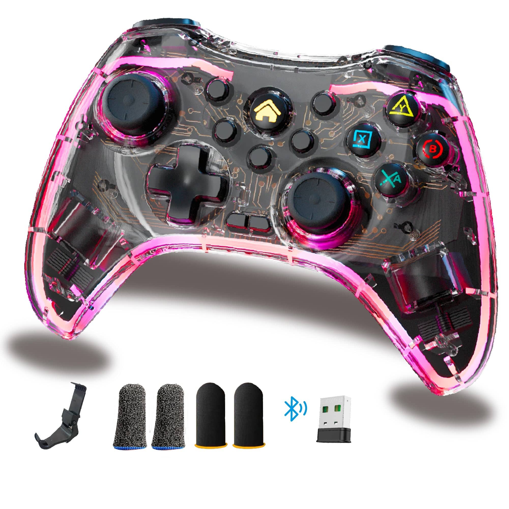 turbX - Wireless Game Controller for Switch, PS4, iOS, Android, PC. Bluetooth joycon, finger sleeves, grip, LED, vibration - Transparent